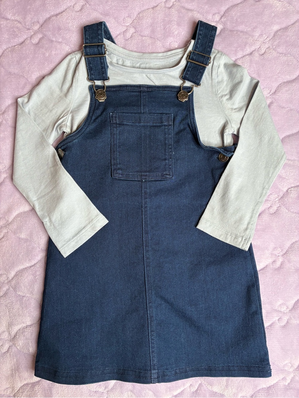 NWOT 2pc Tu Kids Girls Size 5 Denim Pinafore Dungaree Dress & Top Set
